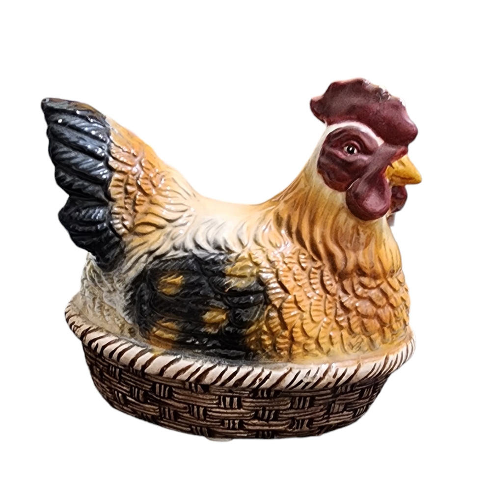 Vintage laying hen in basket glazed ceramic